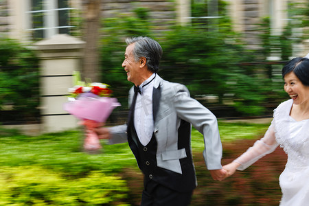 花不摄影照片_东方老年夫妇穿婚纱