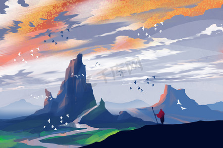 一个男人站在山上看日落时分的群山, 数字艺术插画.
