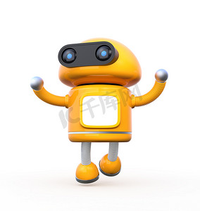 可爱的橙色机器人与空白的显示器是跳舞在白色背景