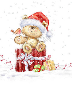 可爱的泰迪熊圣诞礼物在圣诞老人的帽子。手绘泰迪熊。圣诞贺卡。圣诞快乐。新年。洋娃娃, 玩具, 古董, 玩具熊, 嗬嗬, 小鸟, 礼物, 夏娃, 熊