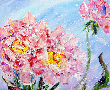 油画牡丹摄影照片_手绘现代风格粉色牡丹花朵.