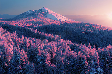 壁纸边框无水印摄影照片_美丽的雪山峰和冬天的云杉森林在黎明3D艺术作品壮观的自然背景。洛基林地闪烁着晨光的照片场景壁纸。美丽的风景