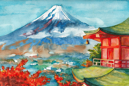 富士山手绘摄影照片_插图与山富士山视图.