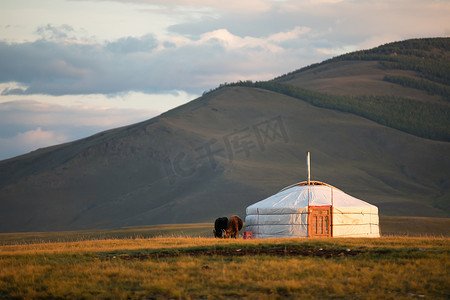 阳光午后摄影照片_传统蒙古 ger 山背景环境是在夕阳光