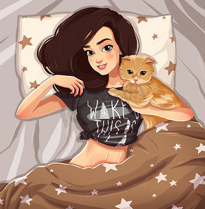美丽的黑发女孩与她的猫
