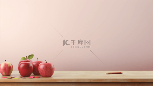 书桌上摆放鲜花苹果文具彩色背景8