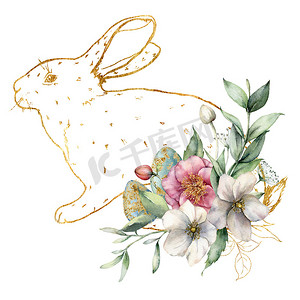 手绘水彩艺术摄影照片_带有金兔、花和蛋的水彩卡。手绘线条艺术兔子，海葵，芽和叶子隔离在白色背景。春季插图,用于设计,印刷,面料或背景.