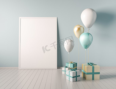 海报促销气球摄影照片_室内模拟的场景与蓝色和金色的礼品盒和气球。逼真的3d 对象为生日聚会或促销海报或横幅。海报尺寸设计元素的空白空间.
