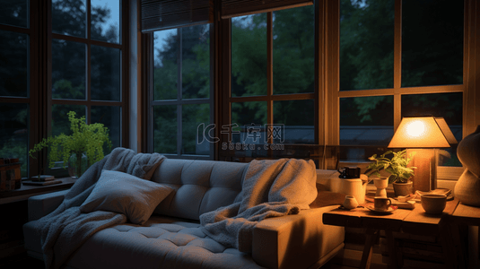 台灯沙发背景图片_夜晚卧室温馨灯光窗外森林背景2