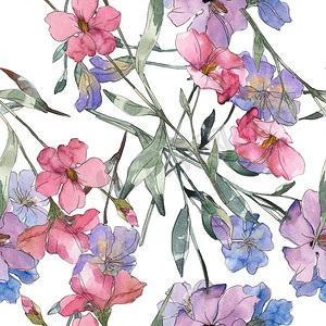粉红色和紫色亚麻植物花。被隔绝的狂放的春天叶子。水彩插图集。水彩画时尚水彩画。无缝的背景模式。织物壁纸打印纹理.