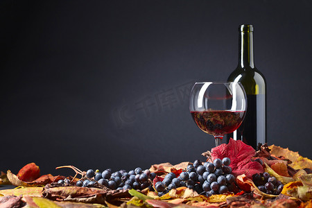 红酒、 葡萄和干葡萄树的叶子 .