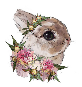 牡丹摄影照片_兔子与粉红色的罂粟花，可爱的儿童插图，最好的T恤印花，动物印花与牡丹。白色背景上的兔子