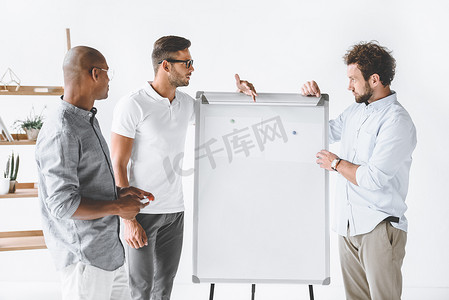多元文化的商界人士在讨论新的经营战略，在办公室里的白板