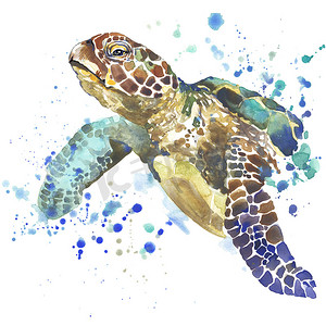 sea turtle T-shirt graphics. sea turtle illustration with splash watercolor textured background. unusual illustration watercolor sea turtle fashion print, poster for textiles, fashion design