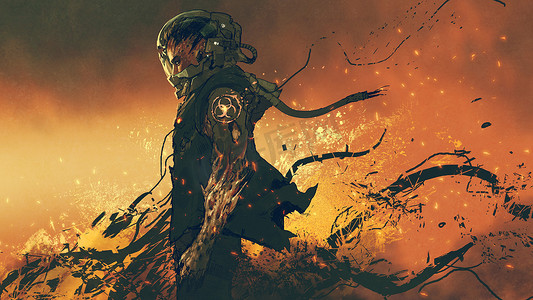sci-fi character of an infected astronaut standing on fire, digital art style, illustration painting