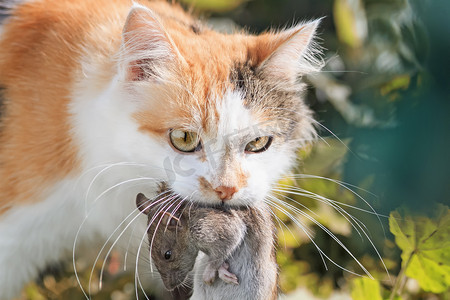 老鼠展板摄影照片_美丽的姜猫抓了一只大灰老鼠