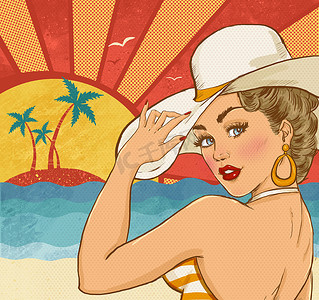 advertising摄影照片_Comic illustration of girl  on the beach. Pop Art girl. Party invitation. Hollywood movie star.Vintage advertising poster. Vacations poster. Tourism poster. Sexy woman on the beach. Party on the beach
