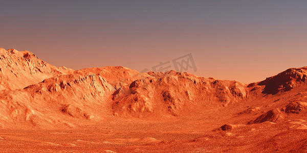 科幻地形摄影照片_火星景观，3D渲染的假想火星行星地形，科幻图解.