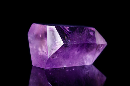 黑色背景下的宏观矿物石材紫水晶晶体 