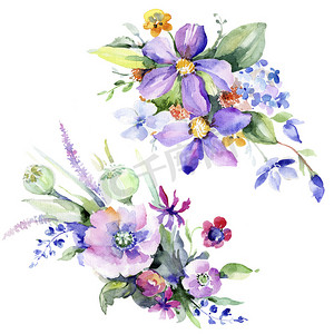 五颜六色的花束。花卉植物花。野生春叶野花分离。背景、质地、包装图案、框架或边框的水彩画野花.