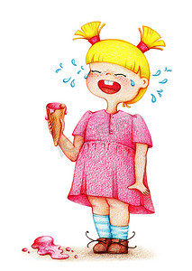 手画的小女孩粉红色的连衣裙哭声中在冰激淋的彩色铅笔