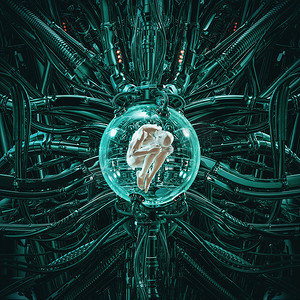 科幻小说场景的人类吊舱/3d 图解显示了复杂的未来主义孵化器克隆机械内人类男性在胎儿位置的位置