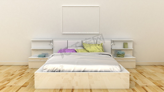 pillow摄影照片_Empty picture frames in classic bedroom interior background on the decorative painted wall with wooden floor. Bed, nightstand, pillow, sheets and blanket. Copy space image. 3d render