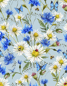 Summer Watercolor Vintage Floral Seamless Pattern with Blooming Chamomile and Daisies 