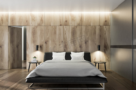 斯堪的纳维亚风格的卧室与木墙和地板的前景色, 和床头桌的主床。3d 渲染模拟