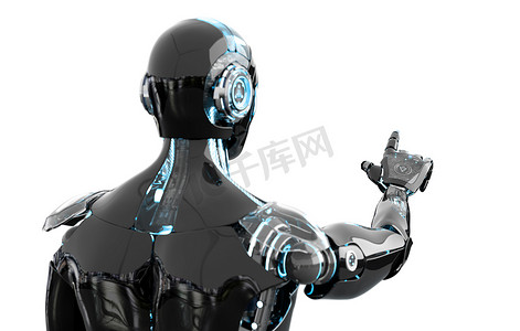 手指指向摄影照片_黑色和蓝色智能机器人机器人手指指向白色背景3D渲染