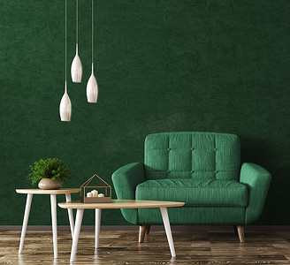 客厅内部与木三角咖啡桌, 灯和绿色扶手椅在灰泥墙壁3d 渲染