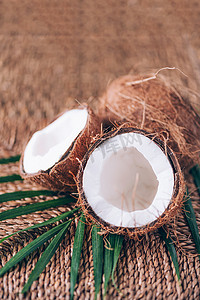 藤本植物背景上有棕榈叶的椰子。复制空间。创意设计横幅。夏天的时候热带旅行，奇异椰子水果。素食主义者和素食者的概念