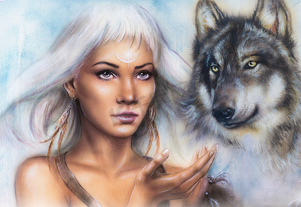 狼精神摄影照片_女人肖像装饰纹身在精神的狼和羽毛饰品的脸上。绘画