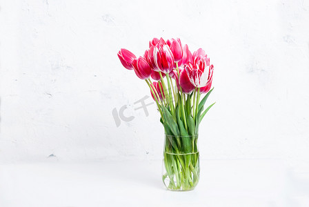 美丽的红色郁金香花花束在玻璃花瓶在白色的背景, 浪漫的静物, 快乐的母亲节, 情人节, 生日快乐, 春天季节, 浪漫和爱情的概念 
