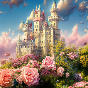 有许多花、玫瑰和云彩的幻想花园城堡