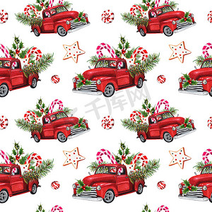 无缝模式与水彩圣诞汽车与糖果, 云杉小枝, 冬青叶和浆果的白色背景