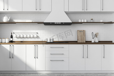 现代化厨房的内部，有白色的砖墙，混凝土地面，白色和木制的橱柜和台面，内设水池和炊具。3d渲染