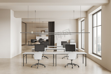 室内的现代开放空间办公室有白墙，混凝土地面，一排电脑桌与白色椅子和会议室的背景。3d渲染