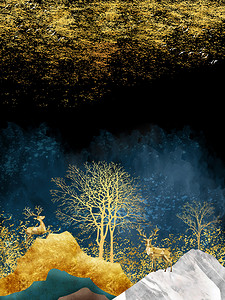 艺术壁画墙纸与深蓝色丛林，森林深蓝色背景五彩斑斓的圣诞树，高山，金鹿，金鸟和金斑。适用于墙体上的帆布框架 .