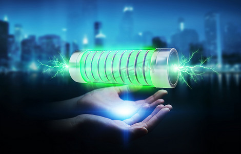 电池电量栏摄影照片_商人使用绿色电池与闪电3d 渲染