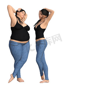 肥胖女性摄影照片_肥胖超重肥胖女性 vs 苗条适合健康的饮食习惯 