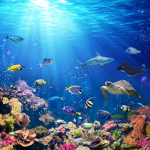 有珊瑚礁和热带鱼类的水下场景