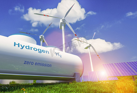 和风艺伎摄影照片_氢气可再生能源生产-用于清洁电力、太阳能和风力涡轮机设施的氢气。3d渲染.