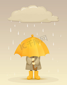 伞下的雨滴的乌云飘飘的女孩
