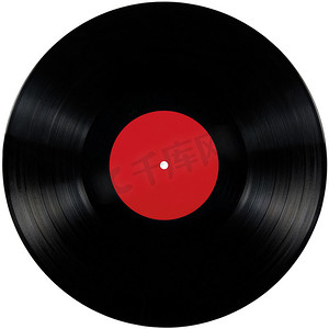label摄影照片_黑色乙烯基 lp 专辑光盘记录的、 孤立的长时间播放磁盘空白标签红色