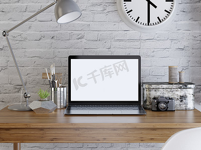 科技海报简约大气摄影照片_桌面上的样机海报屏幕笔记本。桌面与样机屏幕在室内的阁楼风格。3d 渲染.