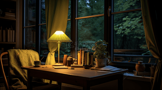 森林木桌背景图片_夜晚卧室温馨灯光窗外森林背景1