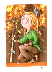 水彩森林女孩摄影照片_水彩插图。坐在森林里的女孩