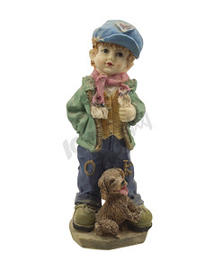 Clay纪念品带着狗的男孩男孩站立，帽子，蓝色，夹克，绿色，小狗，棕色狗，粘土，手工制作