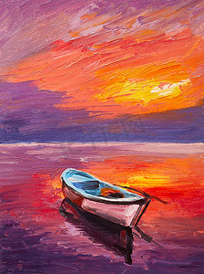 小船在海上，艺术印象派，七彩的晚霞，油画